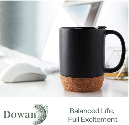Coffee Mugs, 15 oz Mug Set of 2, Large Ceramic Coffee Mug with Cork Bottom and Spill Proof Lid for Mom Dad, Big Mug for Latte Tea, Matte Grey