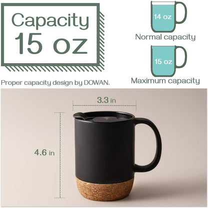 Coffee Mugs, 15 oz Mug Set of 2, Large Ceramic Coffee Mug with Cork Bottom and Spill Proof Lid for Mom Dad, Big Mug for Latte Tea, Matte Grey