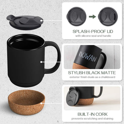 Coffee Mugs, 15 oz Mug Set of 2, Large Ceramic Coffee Mug with Cork Bottom and Spill Proof Lid for Mom Dad, Big Mug for Latte Tea, Matte Grey