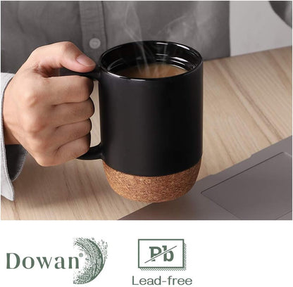 Coffee Mugs, 15 oz Mug Set of 2, Large Ceramic Coffee Mug with Cork Bottom and Spill Proof Lid for Mom Dad, Big Mug for Latte Tea, Matte Grey