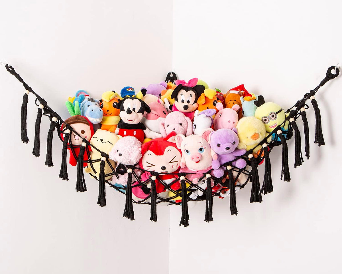MAKEONEWO Stuffed Animal Toy Hammock Hanging-Handmade Large Blue Macrame Organizer Display Corner Plush Toys Net Holder for Boho Nursery Playroom Boy Bedroom Kids Room Storage Dark, 1 Pack