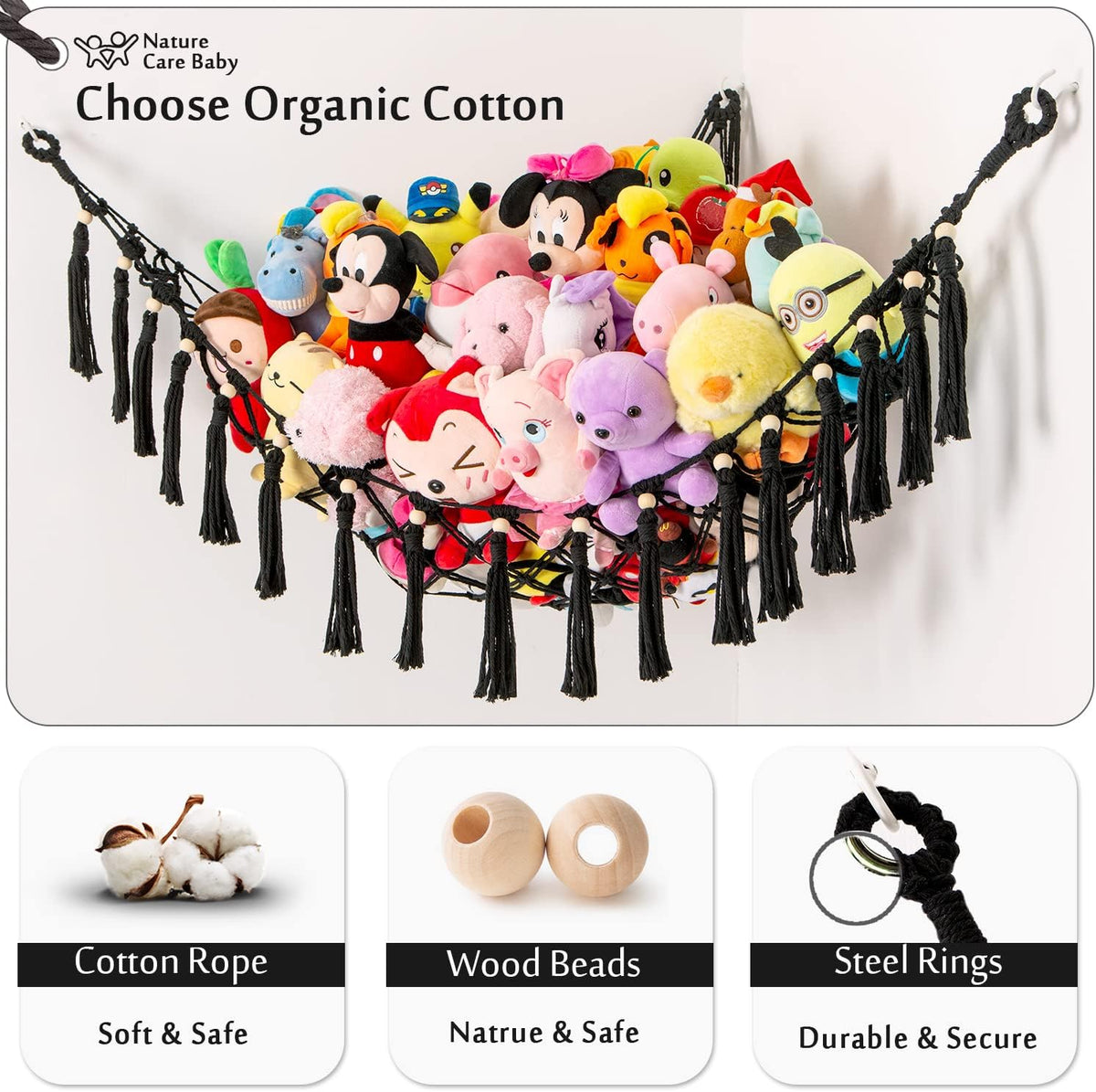 MAKEONEWO Stuffed Animal Toy Hammock Hanging-Handmade Large Blue Macrame Organizer Display Corner Plush Toys Net Holder for Boho Nursery Playroom Boy Bedroom Kids Room Storage Dark, 1 Pack