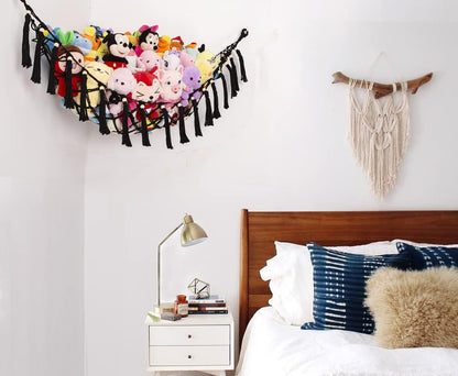 MAKEONEWO Stuffed Animal Toy Hammock Hanging-Handmade Large Blue Macrame Organizer Display Corner Plush Toys Net Holder for Boho Nursery Playroom Boy Bedroom Kids Room Storage Dark, 1 Pack