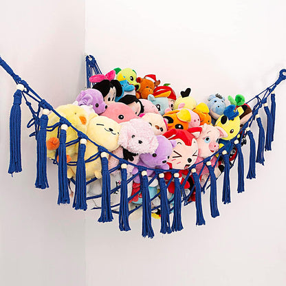 MAKEONEWO Stuffed Animal Toy Hammock Hanging-Handmade Large Blue Macrame Organizer Display Corner Plush Toys Net Holder for Boho Nursery Playroom Boy Bedroom Kids Room Storage Dark, 1 Pack