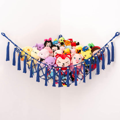 MAKEONEWO Stuffed Animal Toy Hammock Hanging-Handmade Large Blue Macrame Organizer Display Corner Plush Toys Net Holder for Boho Nursery Playroom Boy Bedroom Kids Room Storage Dark, 1 Pack