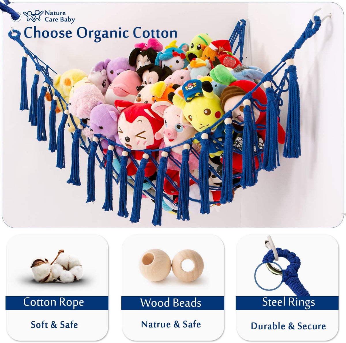 MAKEONEWO Stuffed Animal Toy Hammock Hanging-Handmade Large Blue Macrame Organizer Display Corner Plush Toys Net Holder for Boho Nursery Playroom Boy Bedroom Kids Room Storage Dark, 1 Pack