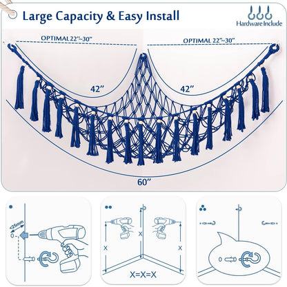MAKEONEWO Stuffed Animal Toy Hammock Hanging-Handmade Large Blue Macrame Organizer Display Corner Plush Toys Net Holder for Boho Nursery Playroom Boy Bedroom Kids Room Storage Dark, 1 Pack