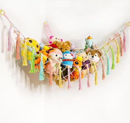 MAKEONEWO Stuffed Animal Toy Hammock Hanging-Handmade Large Blue Macrame Organizer Display Corner Plush Toys Net Holder for Boho Nursery Playroom Boy Bedroom Kids Room Storage Dark, 1 Pack