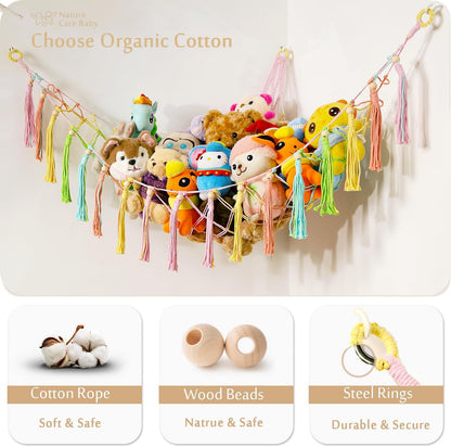 MAKEONEWO Stuffed Animal Toy Hammock Hanging-Handmade Large Blue Macrame Organizer Display Corner Plush Toys Net Holder for Boho Nursery Playroom Boy Bedroom Kids Room Storage Dark, 1 Pack
