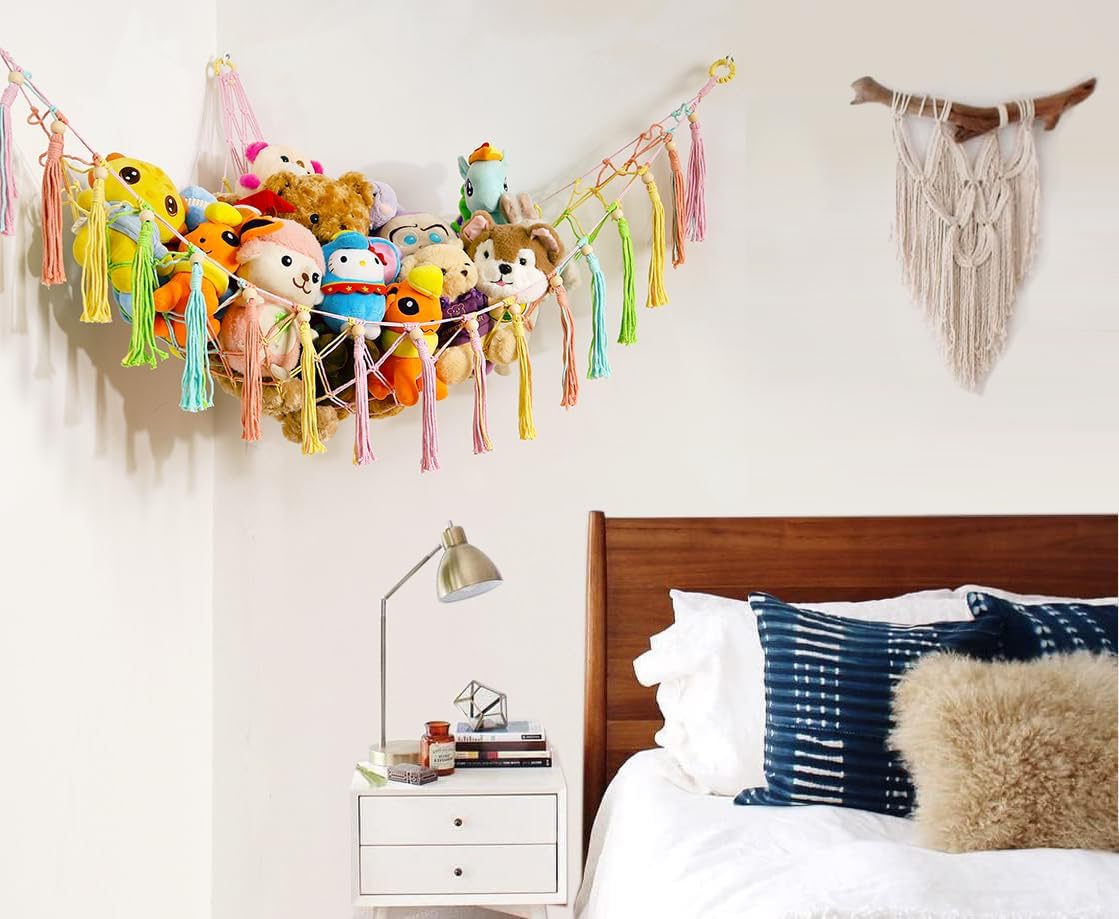 MAKEONEWO Stuffed Animal Toy Hammock Hanging-Handmade Large Blue Macrame Organizer Display Corner Plush Toys Net Holder for Boho Nursery Playroom Boy Bedroom Kids Room Storage Dark, 1 Pack