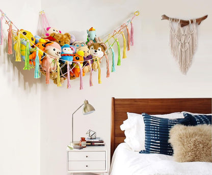 MAKEONEWO Stuffed Animal Toy Hammock Hanging-Handmade Large Blue Macrame Organizer Display Corner Plush Toys Net Holder for Boho Nursery Playroom Boy Bedroom Kids Room Storage Dark, 1 Pack