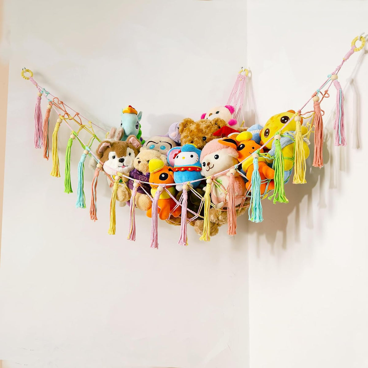 MAKEONEWO Stuffed Animal Toy Hammock Hanging-Handmade Large Blue Macrame Organizer Display Corner Plush Toys Net Holder for Boho Nursery Playroom Boy Bedroom Kids Room Storage Dark, 1 Pack