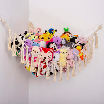 MAKEONEWO Stuffed Animal Toy Hammock Hanging-Handmade Large Blue Macrame Organizer Display Corner Plush Toys Net Holder for Boho Nursery Playroom Boy Bedroom Kids Room Storage Dark, 1 Pack