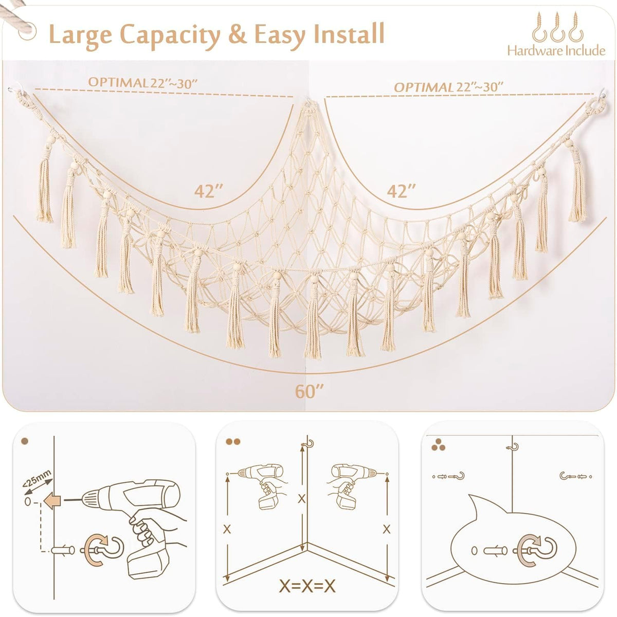 MAKEONEWO Stuffed Animal Toy Hammock Hanging-Handmade Large Blue Macrame Organizer Display Corner Plush Toys Net Holder for Boho Nursery Playroom Boy Bedroom Kids Room Storage Dark, 1 Pack