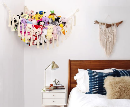 MAKEONEWO Stuffed Animal Toy Hammock Hanging-Handmade Large Blue Macrame Organizer Display Corner Plush Toys Net Holder for Boho Nursery Playroom Boy Bedroom Kids Room Storage Dark, 1 Pack