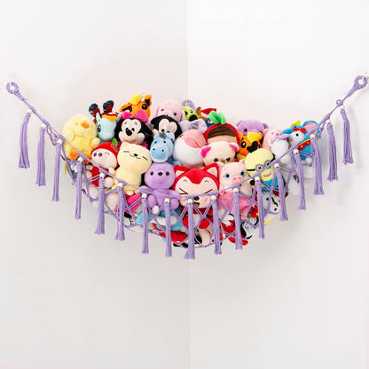 MAKEONEWO Stuffed Animal Toy Hammock Hanging-Handmade Large Blue Macrame Organizer Display Corner Plush Toys Net Holder for Boho Nursery Playroom Boy Bedroom Kids Room Storage Dark, 1 Pack
