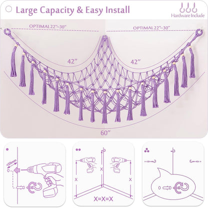 MAKEONEWO Stuffed Animal Toy Hammock Hanging-Handmade Large Blue Macrame Organizer Display Corner Plush Toys Net Holder for Boho Nursery Playroom Boy Bedroom Kids Room Storage Dark, 1 Pack