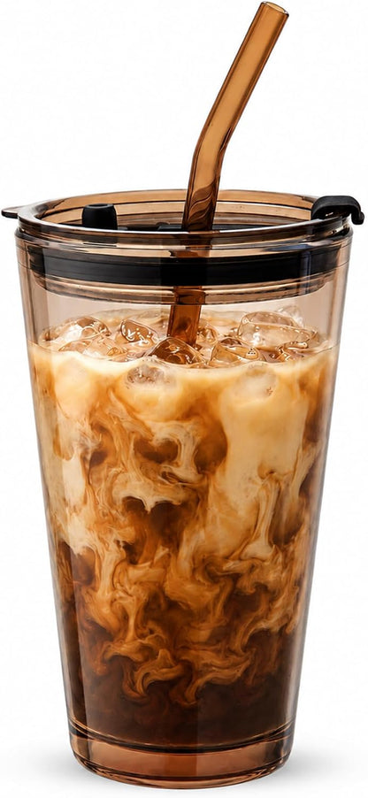 15oz Glass Tumbler with Straw and Lid, Cute Iced Coffee Cups, Aesthetic Glass Cups, Coffee Tumbler, Water Cup, Matcha Cup, Drinking Glasses (The Perfect Match)