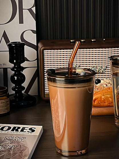 15oz Glass Tumbler with Straw and Lid, Cute Iced Coffee Cups, Aesthetic Glass Cups, Coffee Tumbler, Water Cup, Matcha Cup, Drinking Glasses (The Perfect Match)