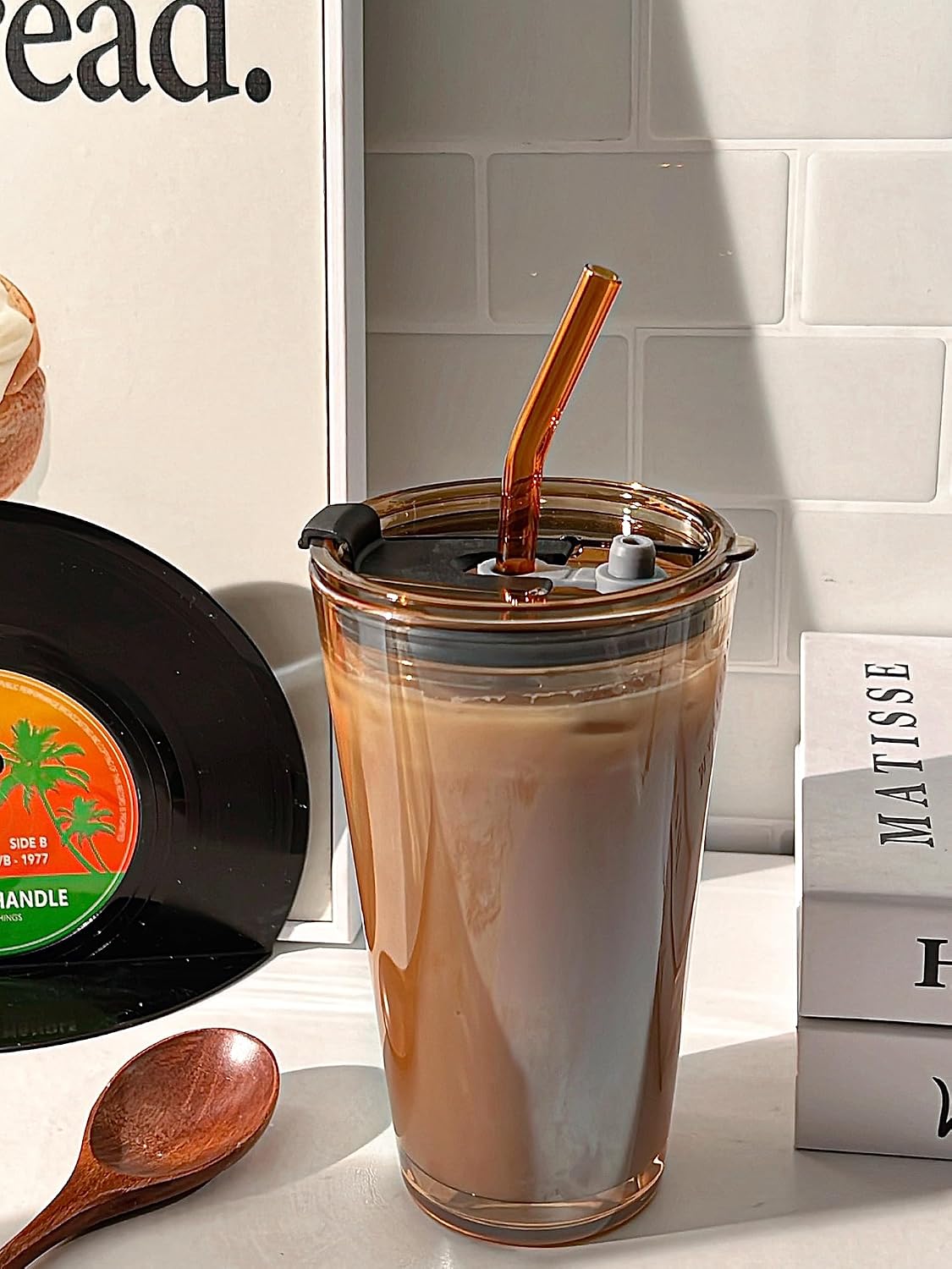 15oz Glass Tumbler with Straw and Lid, Cute Iced Coffee Cups, Aesthetic Glass Cups, Coffee Tumbler, Water Cup, Matcha Cup, Drinking Glasses (The Perfect Match)