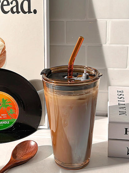 15oz Glass Tumbler with Straw and Lid, Cute Iced Coffee Cups, Aesthetic Glass Cups, Coffee Tumbler, Water Cup, Matcha Cup, Drinking Glasses (The Perfect Match)