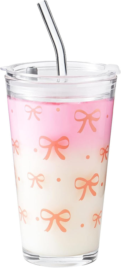 15oz Glass Tumbler with Straw and Lid, Cute Iced Coffee Cups, Aesthetic Glass Cups, Coffee Tumbler, Water Cup, Matcha Cup, Drinking Glasses (The Perfect Match)
