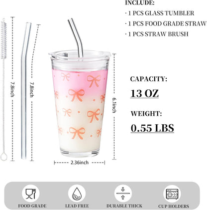 15oz Glass Tumbler with Straw and Lid, Cute Iced Coffee Cups, Aesthetic Glass Cups, Coffee Tumbler, Water Cup, Matcha Cup, Drinking Glasses (The Perfect Match)