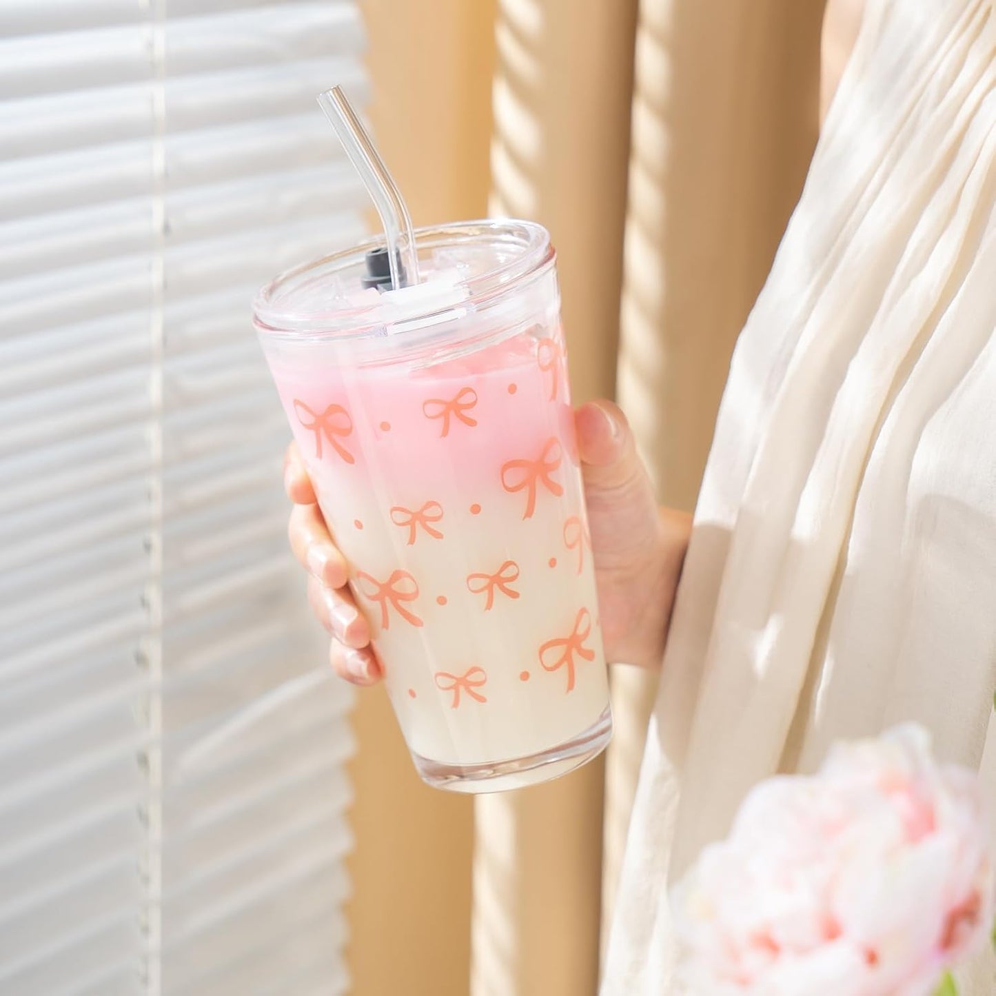 15oz Glass Tumbler with Straw and Lid, Cute Iced Coffee Cups, Aesthetic Glass Cups, Coffee Tumbler, Water Cup, Matcha Cup, Drinking Glasses (The Perfect Match)