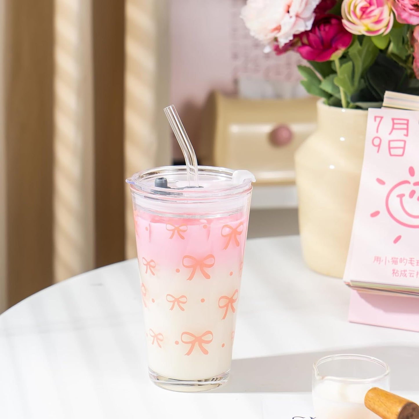 15oz Glass Tumbler with Straw and Lid, Cute Iced Coffee Cups, Aesthetic Glass Cups, Coffee Tumbler, Water Cup, Matcha Cup, Drinking Glasses (The Perfect Match)