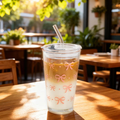 15oz Glass Tumbler with Straw and Lid, Cute Iced Coffee Cups, Aesthetic Glass Cups, Coffee Tumbler, Water Cup, Matcha Cup, Drinking Glasses (The Perfect Match)