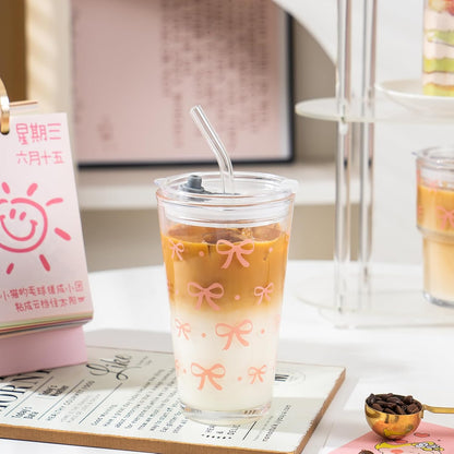 15oz Glass Tumbler with Straw and Lid, Cute Iced Coffee Cups, Aesthetic Glass Cups, Coffee Tumbler, Water Cup, Matcha Cup, Drinking Glasses (The Perfect Match)