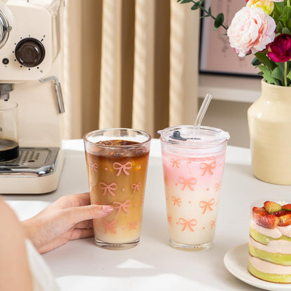15oz Glass Tumbler with Straw and Lid, Cute Iced Coffee Cups, Aesthetic Glass Cups, Coffee Tumbler, Water Cup, Matcha Cup, Drinking Glasses (The Perfect Match)