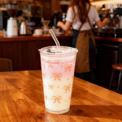 15oz Glass Tumbler with Straw and Lid, Cute Iced Coffee Cups, Aesthetic Glass Cups, Coffee Tumbler, Water Cup, Matcha Cup, Drinking Glasses (The Perfect Match)