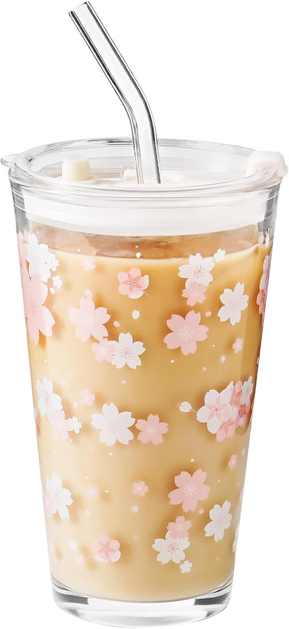 15oz Glass Tumbler with Straw and Lid, Cute Iced Coffee Cups, Aesthetic Glass Cups, Coffee Tumbler, Water Cup, Matcha Cup, Drinking Glasses (The Perfect Match)