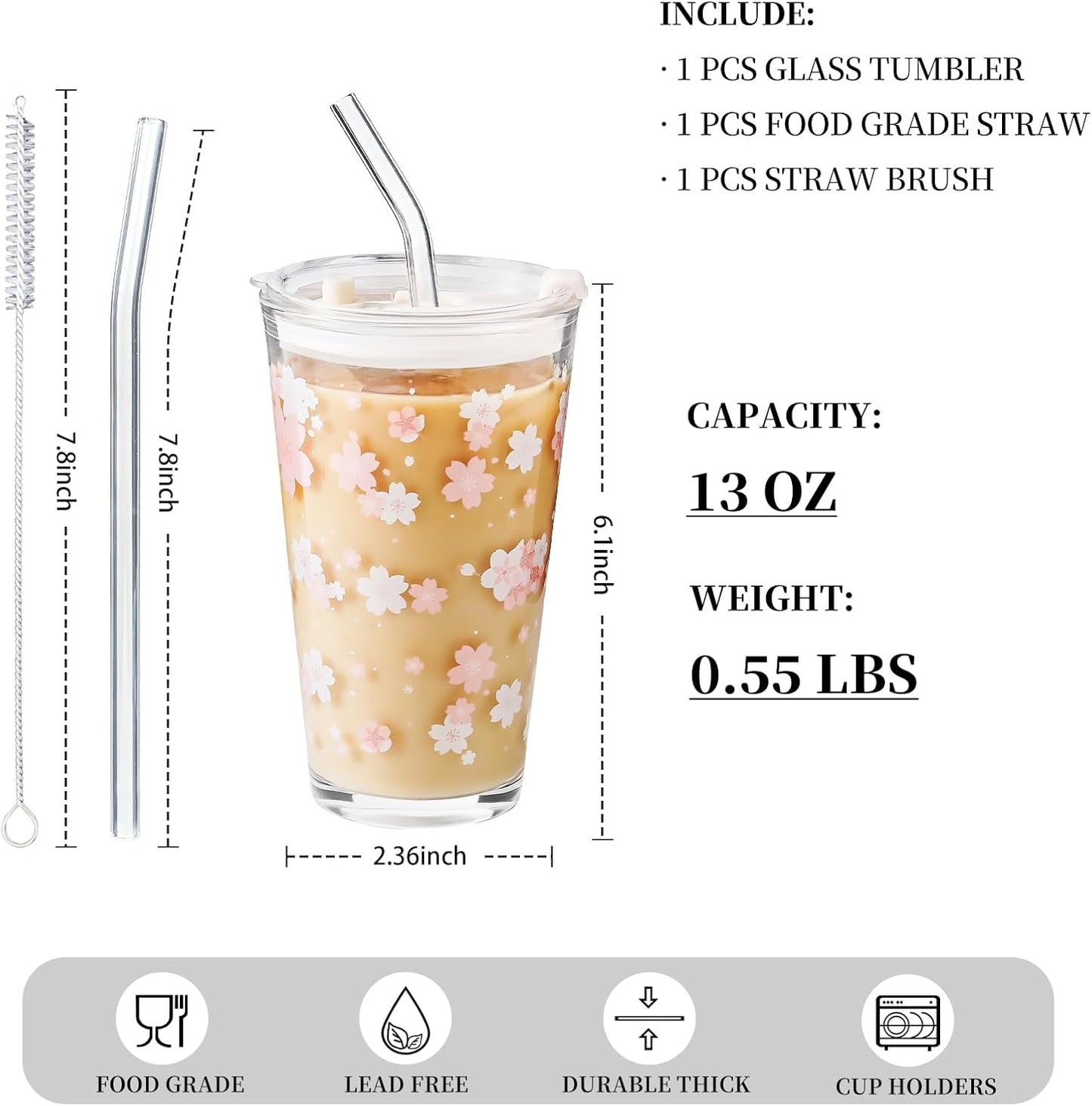 15oz Glass Tumbler with Straw and Lid, Cute Iced Coffee Cups, Aesthetic Glass Cups, Coffee Tumbler, Water Cup, Matcha Cup, Drinking Glasses (The Perfect Match)