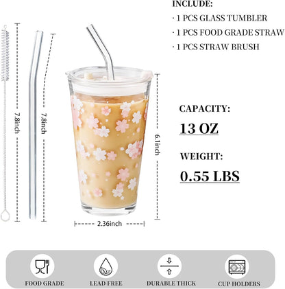 15oz Glass Tumbler with Straw and Lid, Cute Iced Coffee Cups, Aesthetic Glass Cups, Coffee Tumbler, Water Cup, Matcha Cup, Drinking Glasses (The Perfect Match)