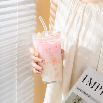 15oz Glass Tumbler with Straw and Lid, Cute Iced Coffee Cups, Aesthetic Glass Cups, Coffee Tumbler, Water Cup, Matcha Cup, Drinking Glasses (The Perfect Match)