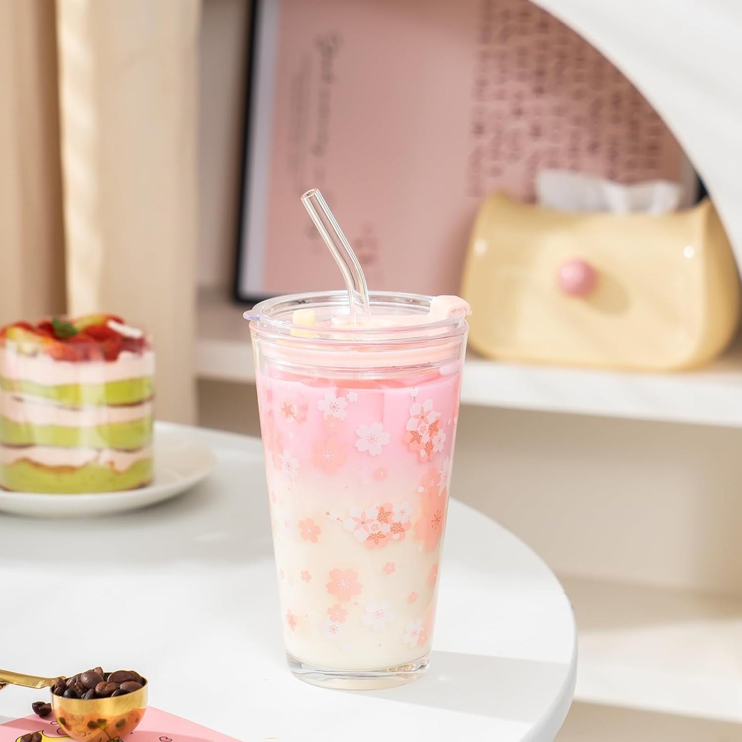 15oz Glass Tumbler with Straw and Lid, Cute Iced Coffee Cups, Aesthetic Glass Cups, Coffee Tumbler, Water Cup, Matcha Cup, Drinking Glasses (The Perfect Match)