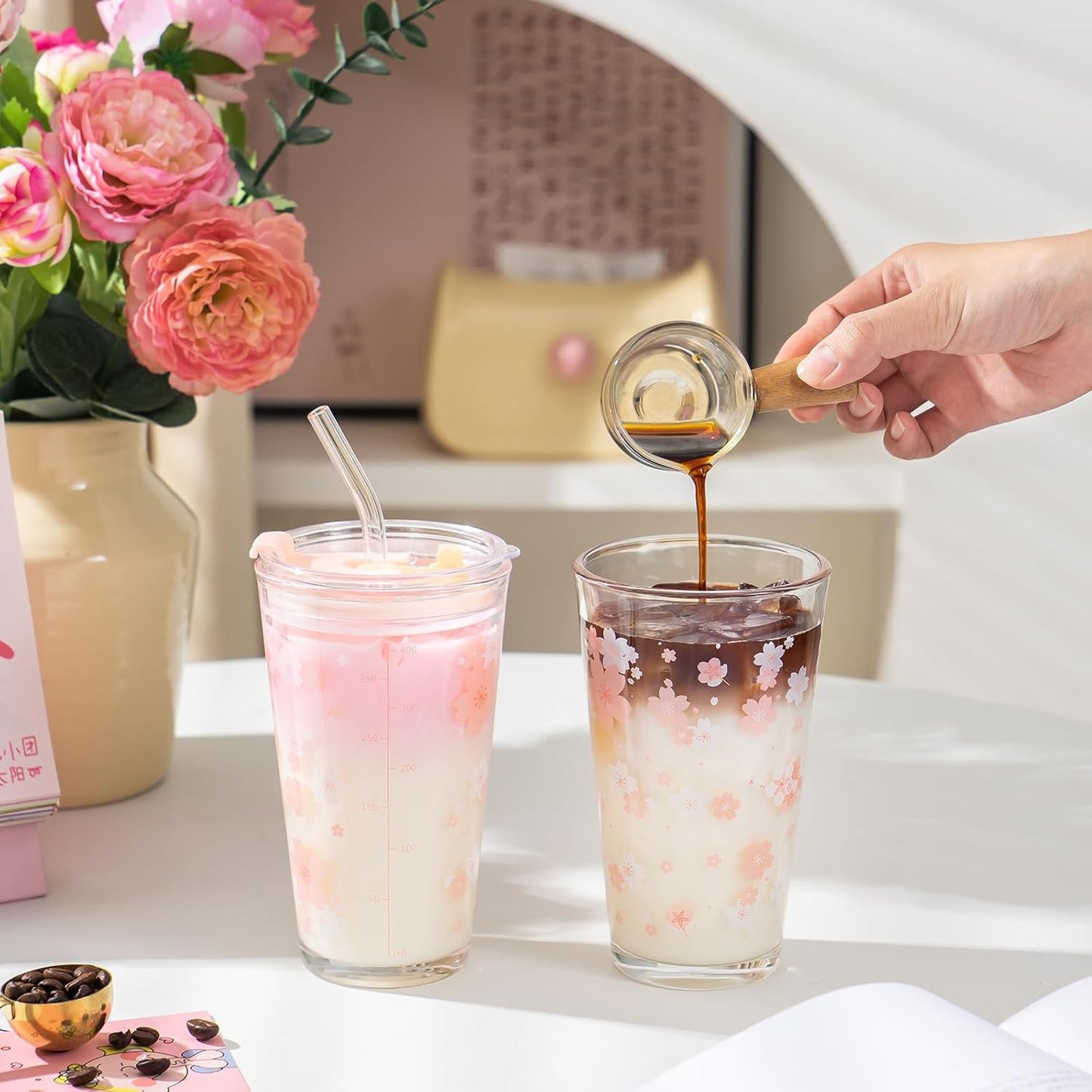 15oz Glass Tumbler with Straw and Lid, Cute Iced Coffee Cups, Aesthetic Glass Cups, Coffee Tumbler, Water Cup, Matcha Cup, Drinking Glasses (The Perfect Match)