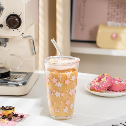 15oz Glass Tumbler with Straw and Lid, Cute Iced Coffee Cups, Aesthetic Glass Cups, Coffee Tumbler, Water Cup, Matcha Cup, Drinking Glasses (The Perfect Match)