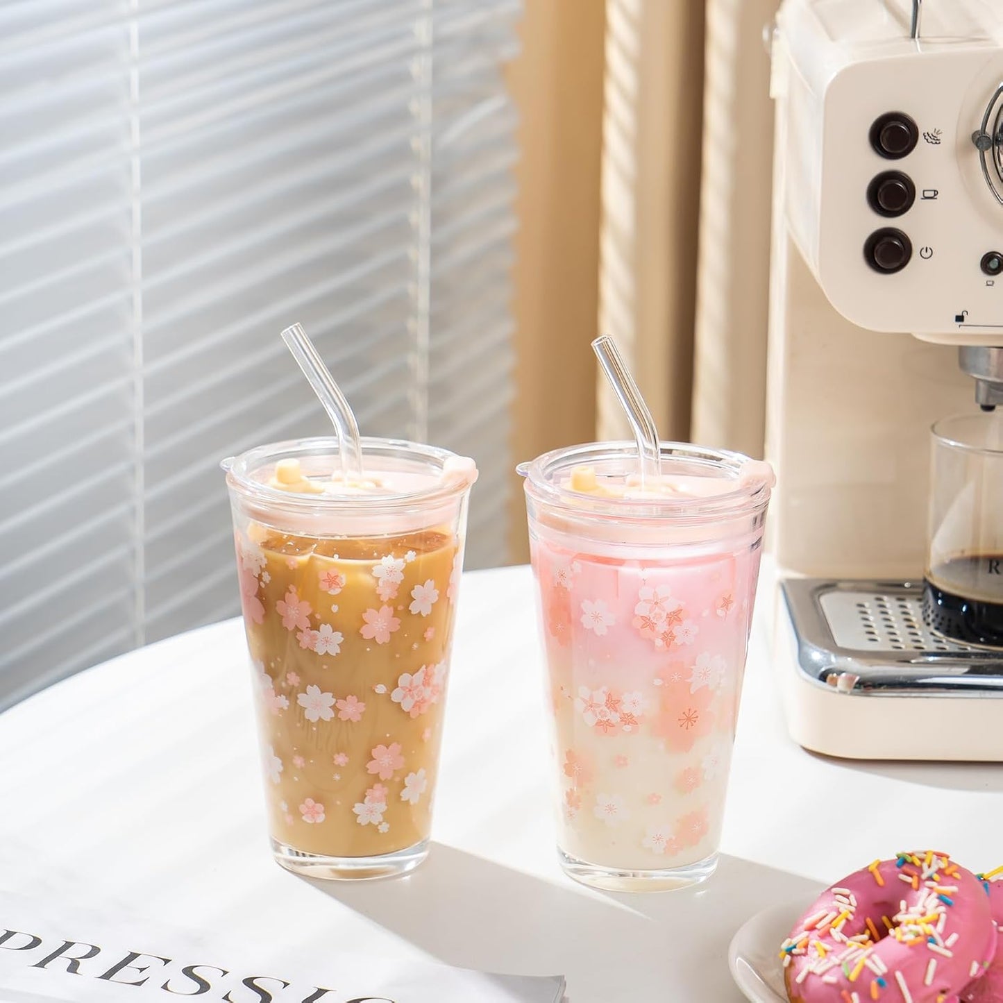 15oz Glass Tumbler with Straw and Lid, Cute Iced Coffee Cups, Aesthetic Glass Cups, Coffee Tumbler, Water Cup, Matcha Cup, Drinking Glasses (The Perfect Match)