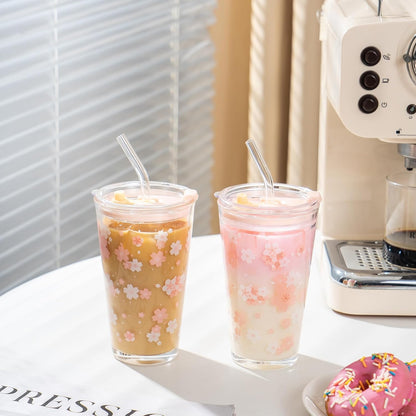 15oz Glass Tumbler with Straw and Lid, Cute Iced Coffee Cups, Aesthetic Glass Cups, Coffee Tumbler, Water Cup, Matcha Cup, Drinking Glasses (The Perfect Match)