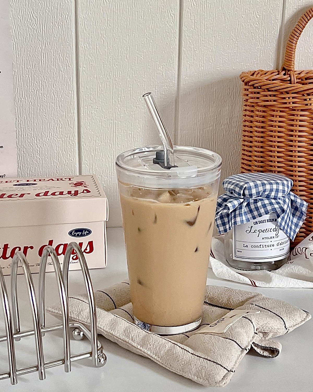 15oz Glass Tumbler with Straw and Lid, Cute Iced Coffee Cups, Aesthetic Glass Cups, Coffee Tumbler, Water Cup, Matcha Cup, Drinking Glasses (The Perfect Match)