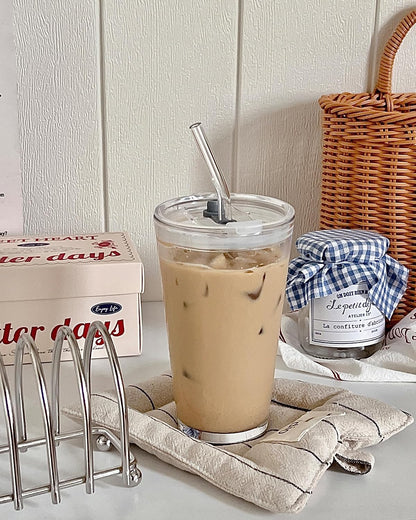 15oz Glass Tumbler with Straw and Lid, Cute Iced Coffee Cups, Aesthetic Glass Cups, Coffee Tumbler, Water Cup, Matcha Cup, Drinking Glasses (The Perfect Match)
