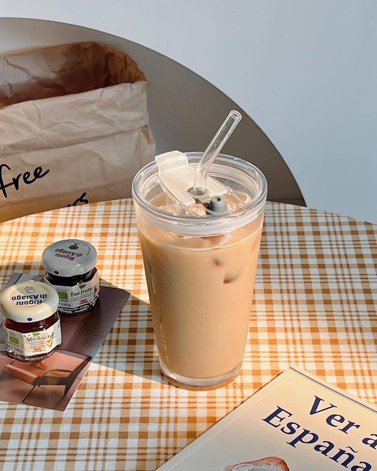 15oz Glass Tumbler with Straw and Lid, Cute Iced Coffee Cups, Aesthetic Glass Cups, Coffee Tumbler, Water Cup, Matcha Cup, Drinking Glasses (The Perfect Match)