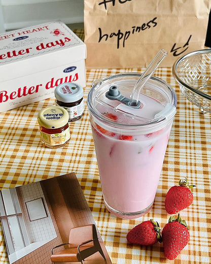 15oz Glass Tumbler with Straw and Lid, Cute Iced Coffee Cups, Aesthetic Glass Cups, Coffee Tumbler, Water Cup, Matcha Cup, Drinking Glasses (The Perfect Match)