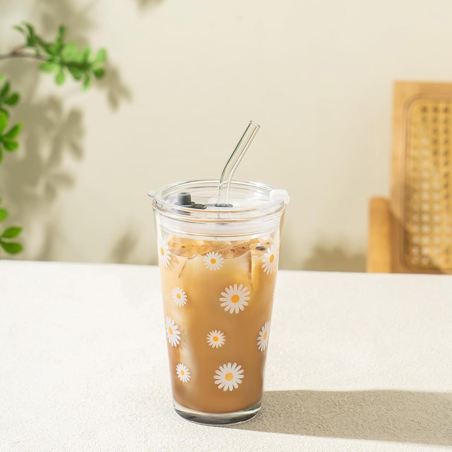 15oz Glass Tumbler with Straw and Lid, Cute Iced Coffee Cups, Aesthetic Glass Cups, Coffee Tumbler, Water Cup, Matcha Cup, Drinking Glasses (The Perfect Match)