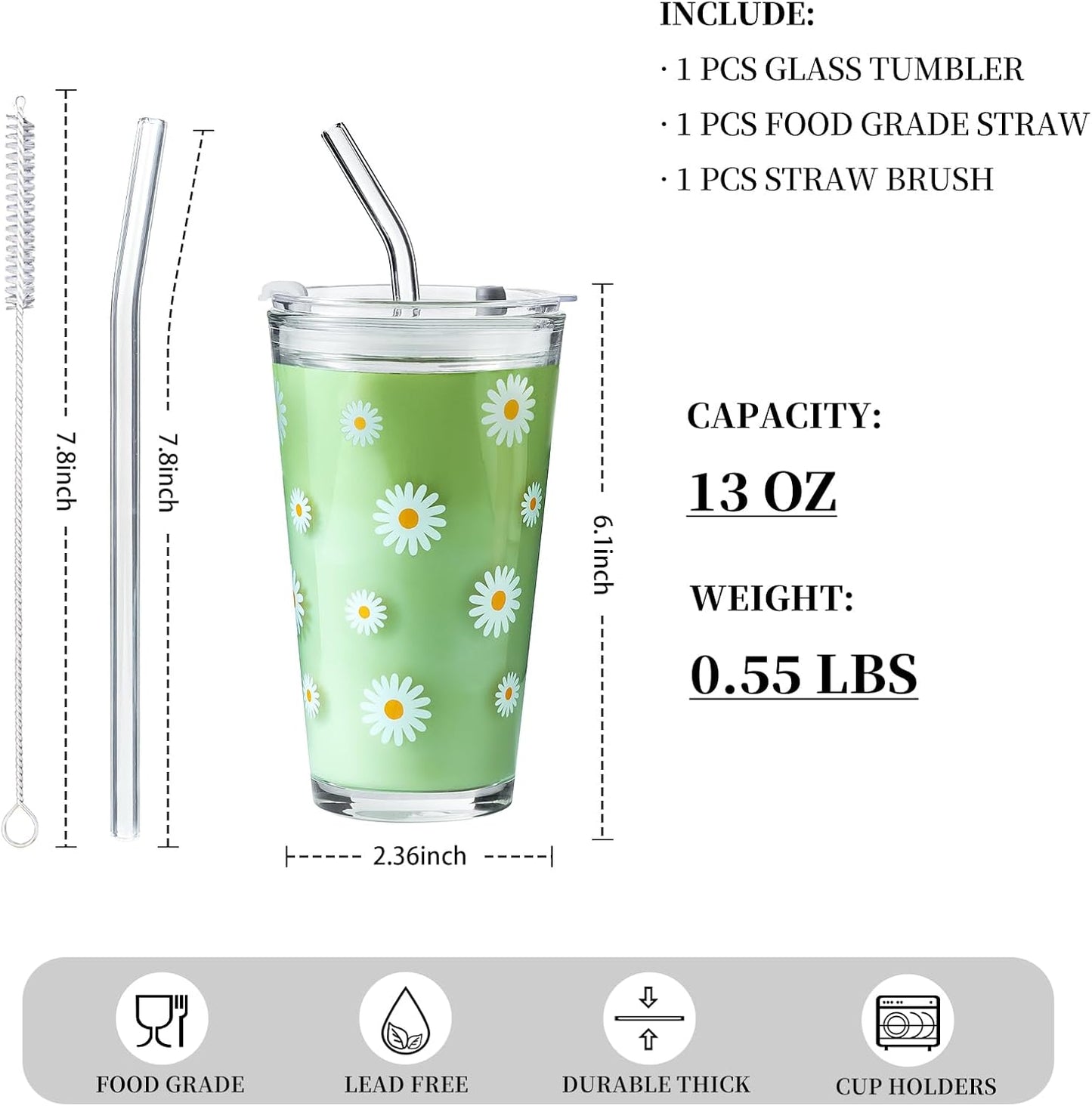 15oz Glass Tumbler with Straw and Lid, Cute Iced Coffee Cups, Aesthetic Glass Cups, Coffee Tumbler, Water Cup, Matcha Cup, Drinking Glasses (The Perfect Match)