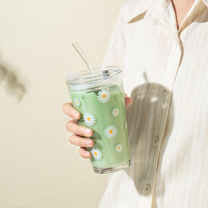 15oz Glass Tumbler with Straw and Lid, Cute Iced Coffee Cups, Aesthetic Glass Cups, Coffee Tumbler, Water Cup, Matcha Cup, Drinking Glasses (The Perfect Match)
