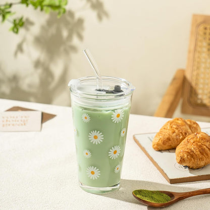 15oz Glass Tumbler with Straw and Lid, Cute Iced Coffee Cups, Aesthetic Glass Cups, Coffee Tumbler, Water Cup, Matcha Cup, Drinking Glasses (The Perfect Match)